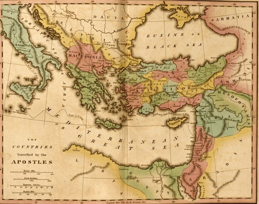 Countries Travelled by the Apostles Poster Print featuring vibrant colors and intricate details.