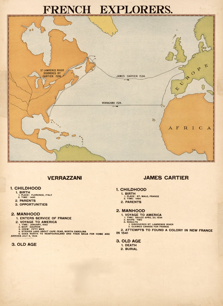 French Explorers Cartier & Verrazano Poster Print showcasing historic exploration.