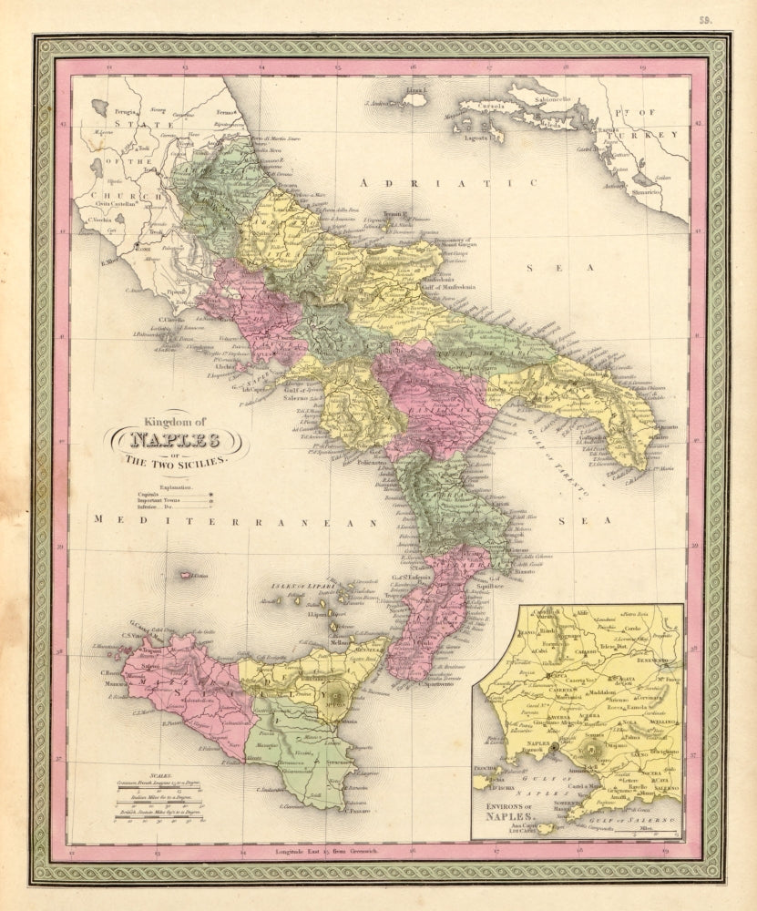Naples & the Two Sicilies vintage poster print from 1849, showcasing historical Italian scenery.