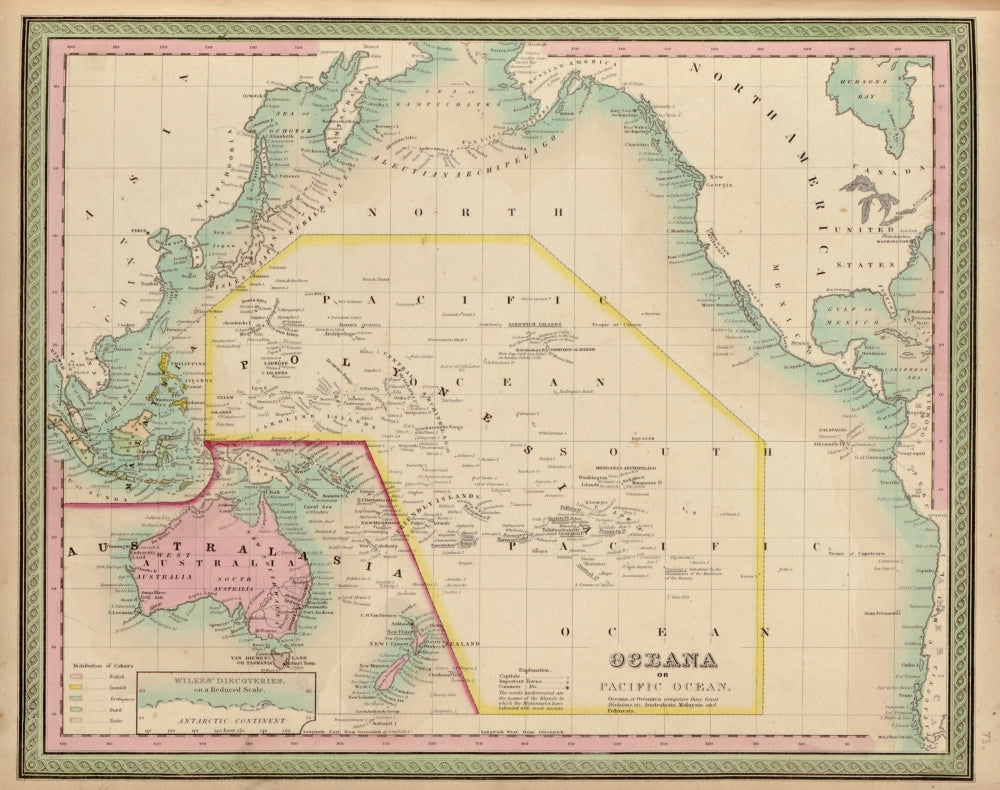 Oceania & The Pacific Ocean 1849 Poster Print showcasing vibrant colors and historical details.