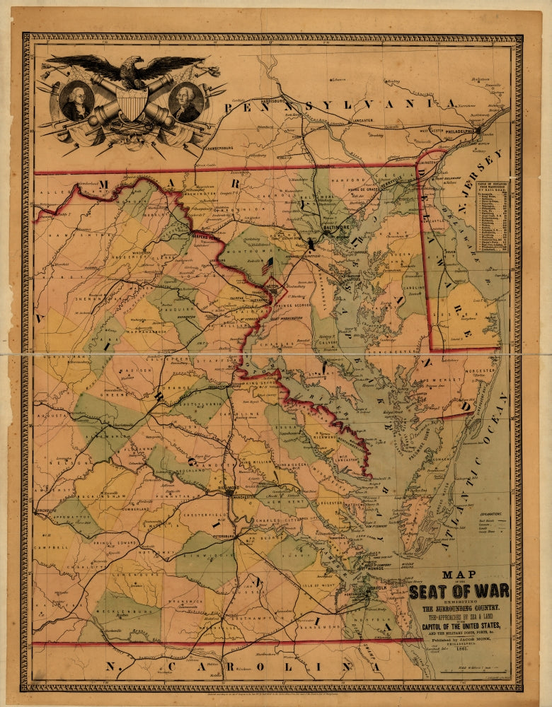 Seat of War map poster print showing surrounding country and military posts