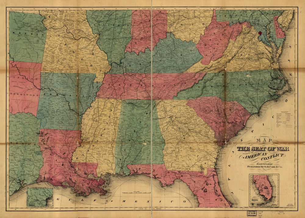 Southeastern United States historical map poster print featuring battlefields, forts, and rivers.
