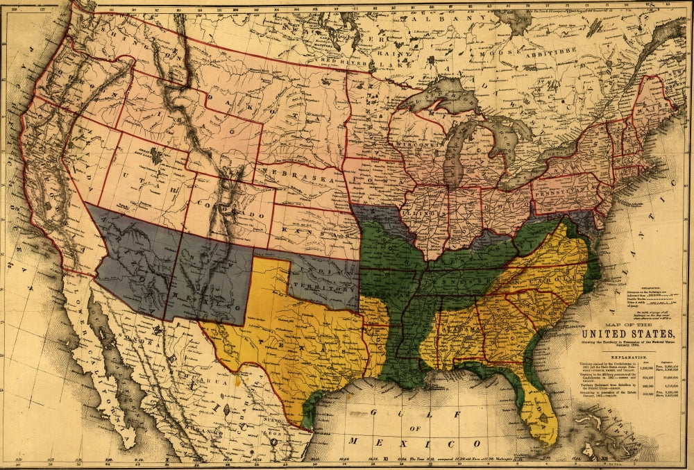 Civil War territory map poster print showing Confederate and Union territories in 1861.