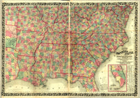 Colton's Southern States Map Poster Print showcasing detailed geography and historical forts.