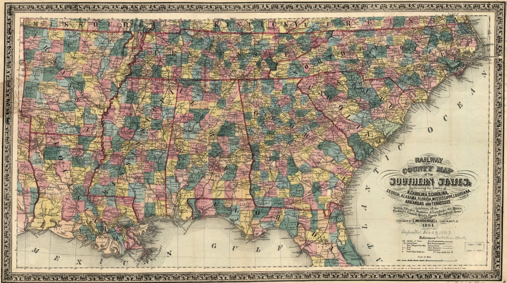 Southern States Railway and County Map Poster Print showcasing towns and railways.
