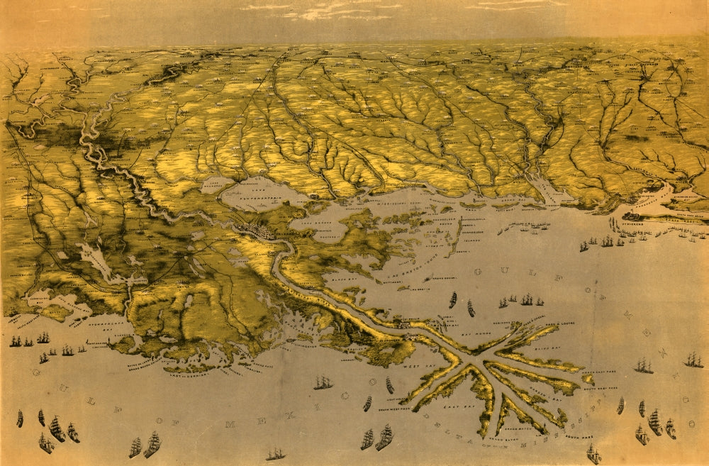 Gulf Coast View Map Poster showcasing the Mississippi River delta with detailed geography.