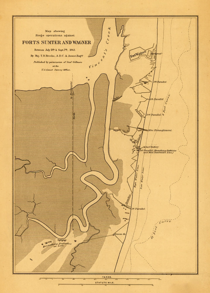 Fort Wagner historical map poster print showcasing drainage, roads, and fortifications.
