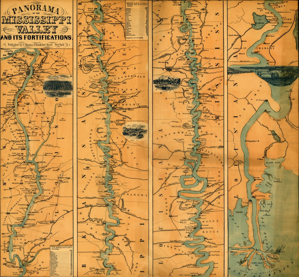 Distances Navigable by Steam on the Mississippi River Poster Print featuring panoramic views of St. Louis, Memphis, Vicksburg, and New Orleans.