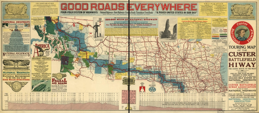 Custer Battlefield Highway scenic map poster print showcasing stunning landscapes.