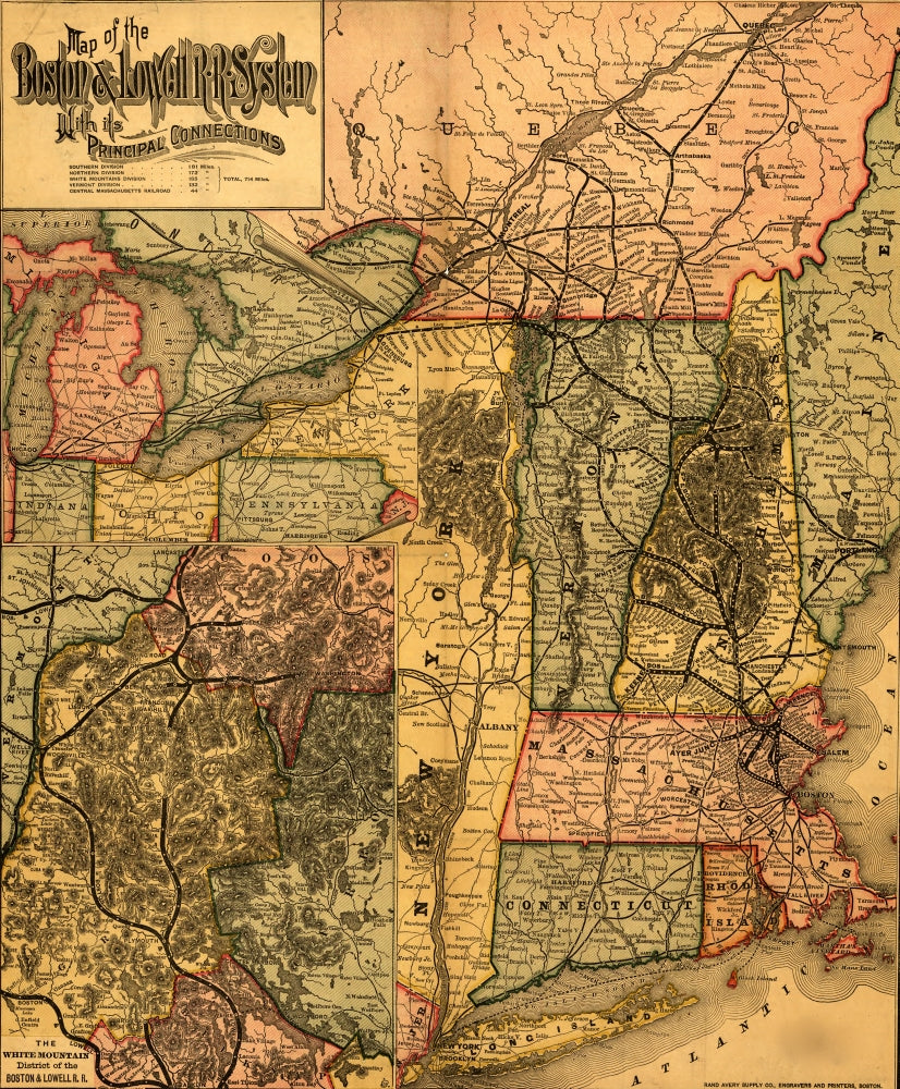 1890 Boston & Lowell Railroad System Map Poster Print