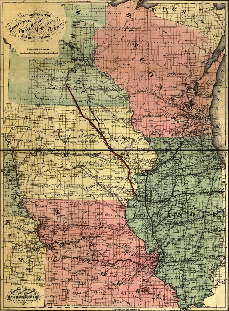 Midwestern States Historical Map Poster Print showing drainage, cities, towns, and railroad network.