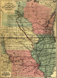 Midwestern States Historical Map Poster Print showing drainage, cities, towns, and railroad network.