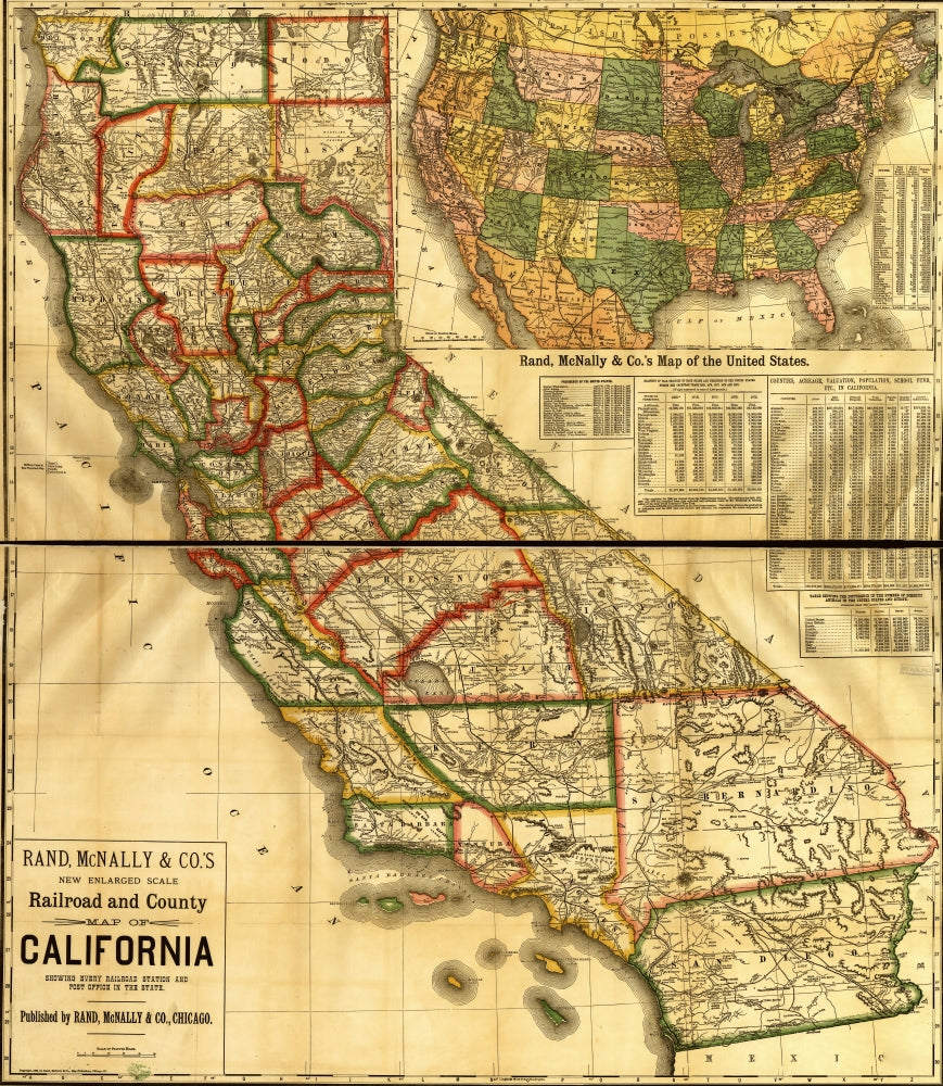 1883 California Railroad and County Map Poster Print