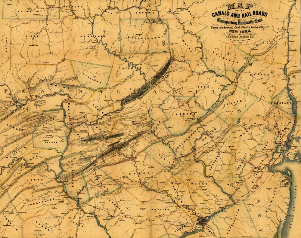 1856 Canals and Railroads Map Poster Print showcasing coal transportation routes.