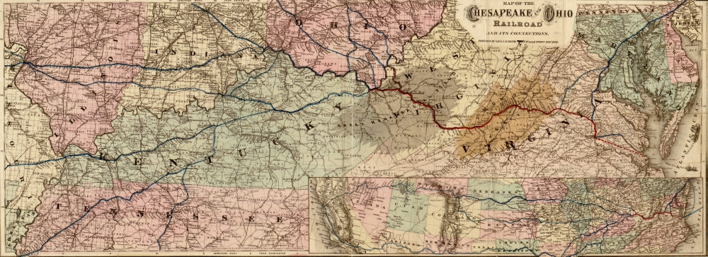 Chesapeake and Ohio Railroad Map Poster Print from 1873, showing routes between the Atlantic and St. Louis.
