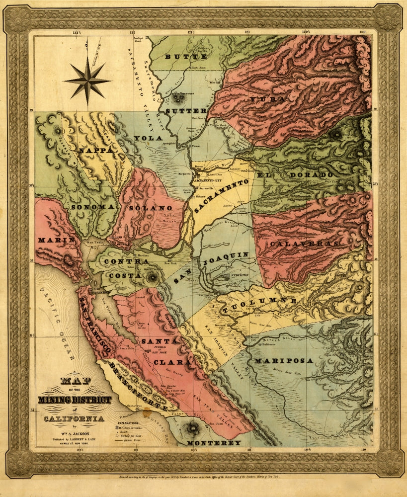 California Mining District 1851 Poster Print showcasing vintage mining imagery.