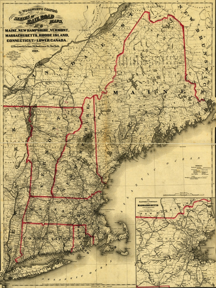 1860 New England map poster print featuring Maine, New Hampshire, Vermont, Massachusetts, Rhode Island, Connecticut, and Lower Canada.