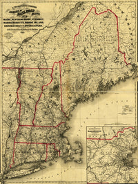 1860 New England map poster print featuring Maine, New Hampshire, Vermont, Massachusetts, Rhode Island, Connecticut, and Lower Canada.