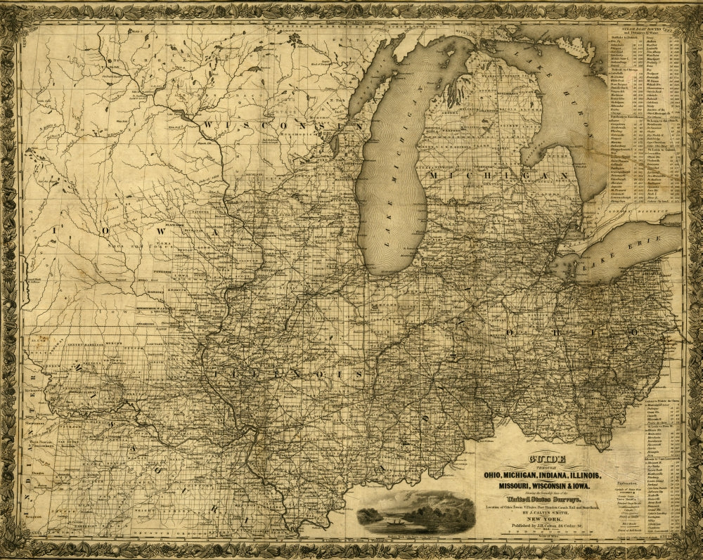 Midwestern States Map Poster Print featuring Ohio, Michigan, Indiana, Illinois, Missouri, Wisconsin, and Iowa.