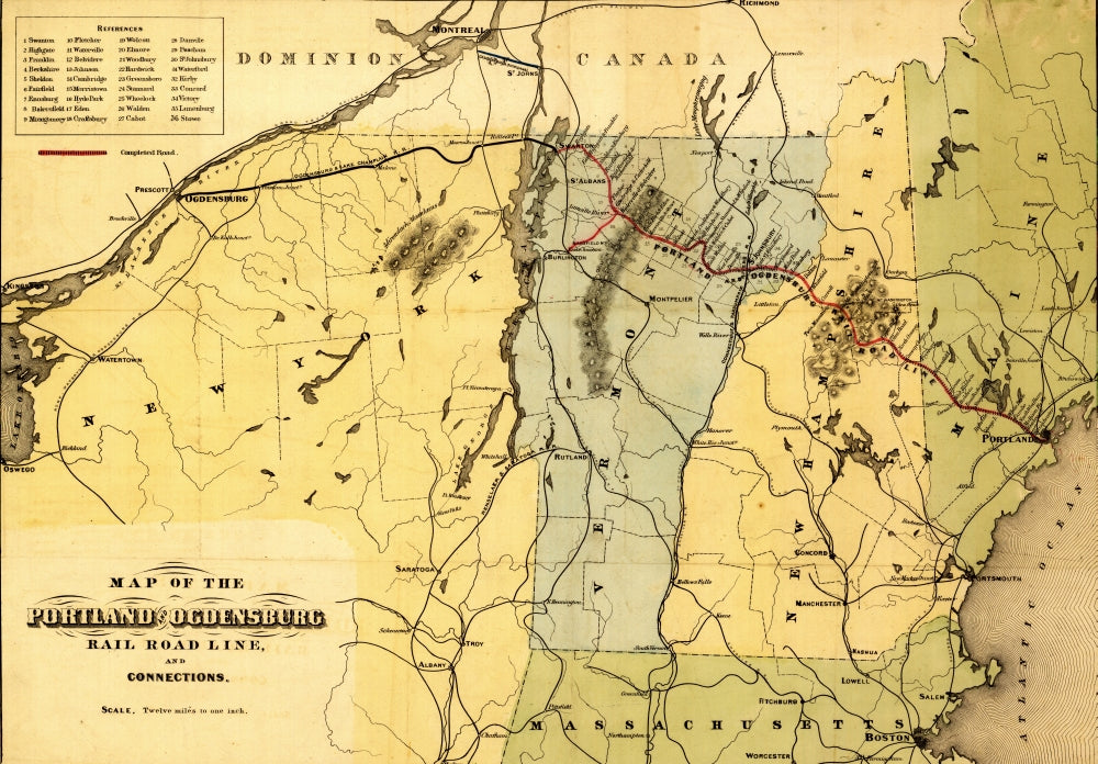 Railroad Map of New England and New York Poster Print showing Portland and Ogdensburg Railroad line