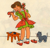 Girl polishing her shoes with a cat looking on - Poster Print