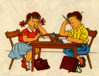 Poster print of a girl holding a pen and a boy holding a pencil, both reading a book.