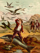 Boy chasing birds from a beached shark poster print