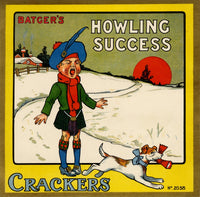 Charming winter scene poster of a dog stealing crackers from a boy.