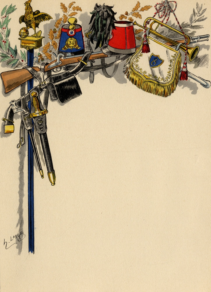 Illustration of military scabbards, pouch, and rifle design poster print.
