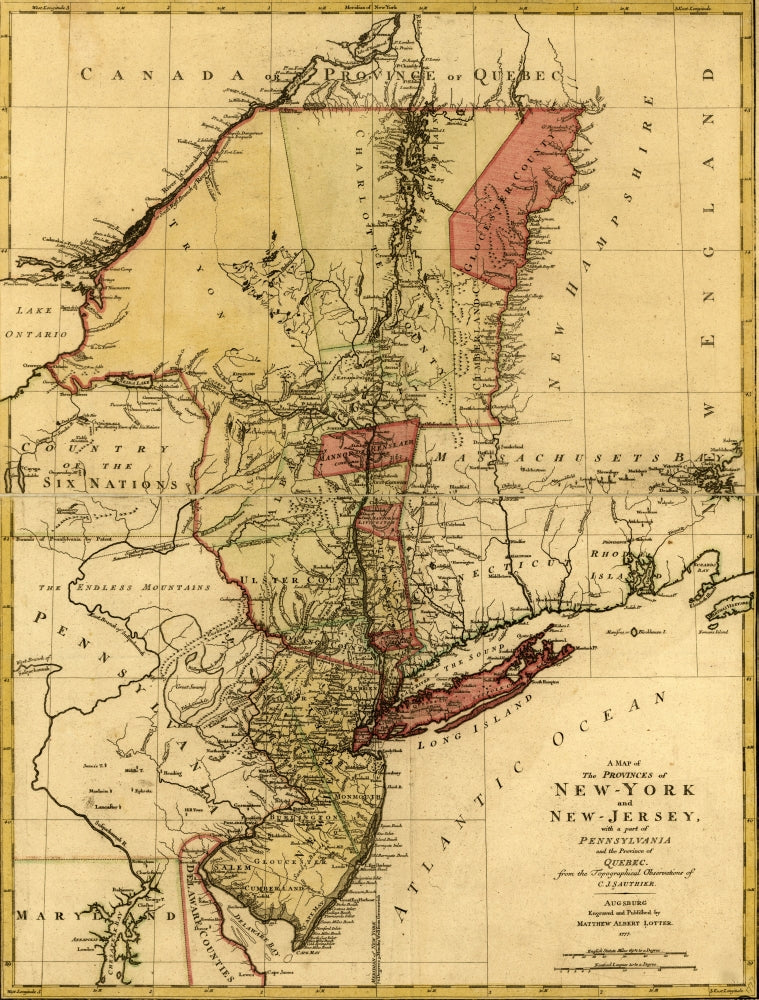 Map poster print of New York, New Jersey, Pennsylvania, and Quebec.