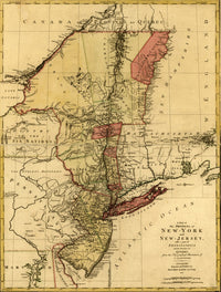 Map poster print of New York, New Jersey, Pennsylvania, and Quebec.