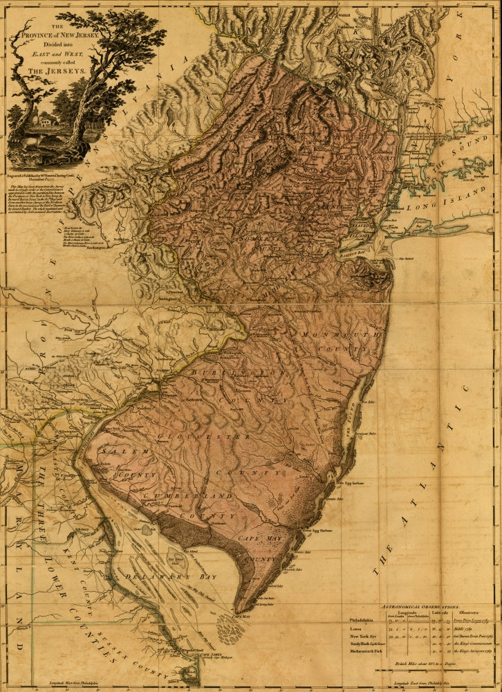 Province of New Jersey Map Poster Print showcasing East and West Jerseys