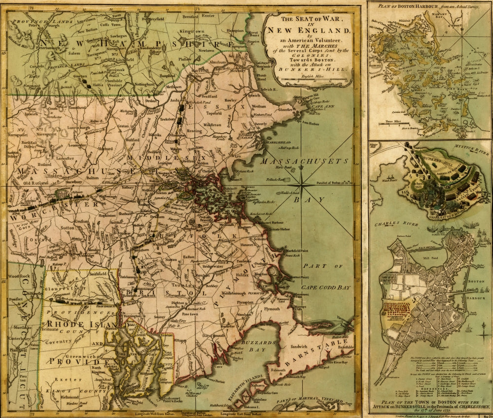 The Seat of War in New England historical poster print showcasing Revolutionary War events.
