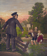 Children in a Fishing Hole Poster Print depicting playful kids and a policeman