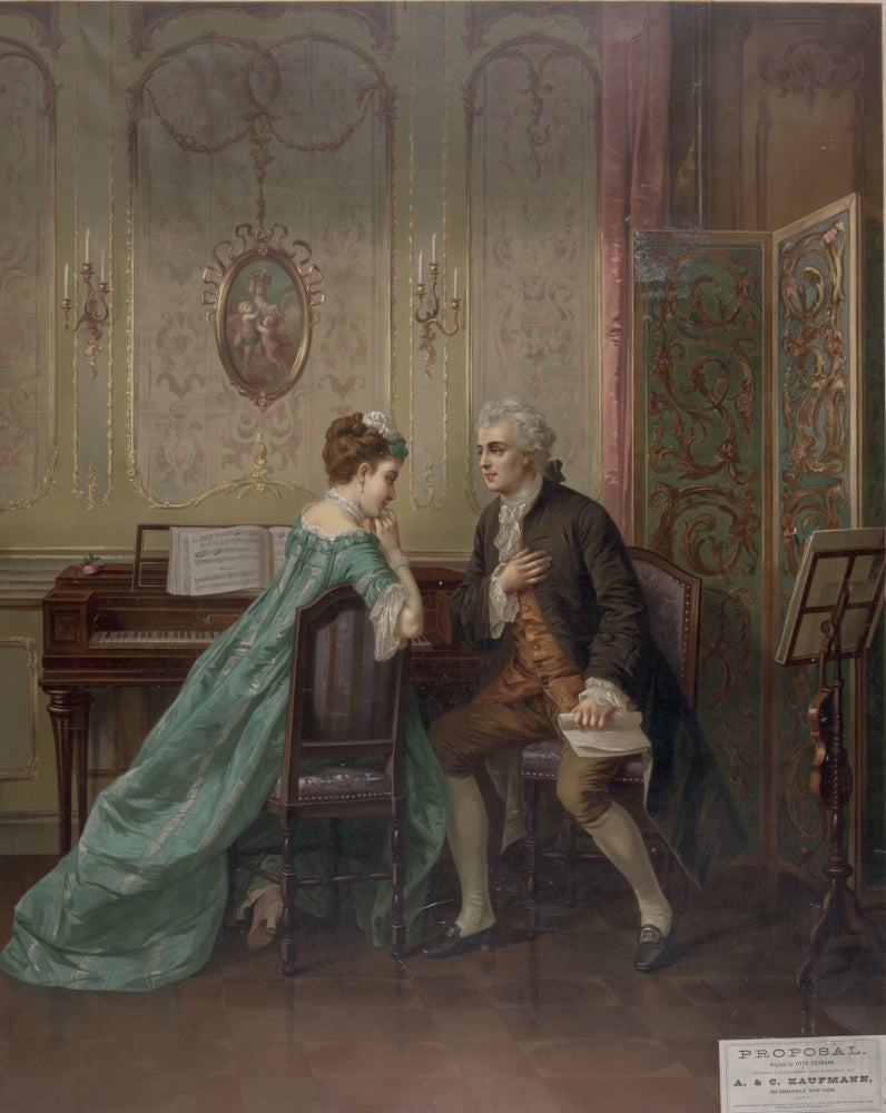 Satin Clad Suitor Proposes to a Young Girl Seated at a Spinet Poster Print
