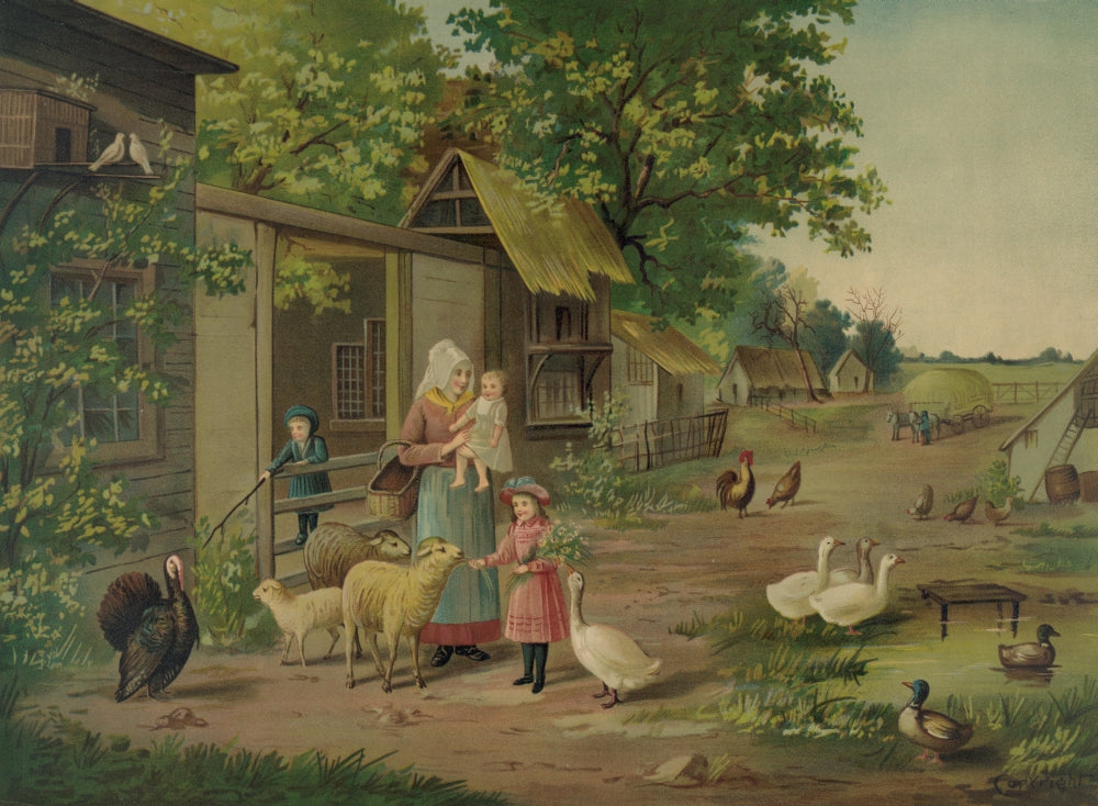 Family outside their farm cottage in the evening poster print.