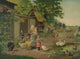 Family outside their farm cottage in the evening poster print.