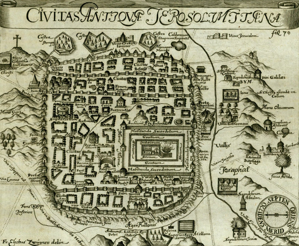 Antique Map of Jerusalem Black and White Poster Print