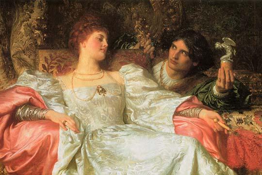 An Offering vintage art print by Frank Dicksee, showcasing exquisite detail.