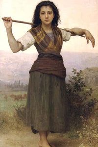 The Shepherdess poster print by William Bouguereau showcasing a young shepherdess in a serene landscape.