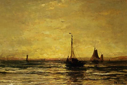 Return of the Fleet at Sunset Poster Print by Hendrick Mesdag, depicting ships returning at sunset.