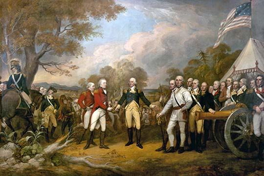 Poster print of the surrender of General John Burgoyne at Saratoga, depicting General Horatio Gates and historic officers.