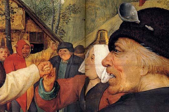 Dance of the Peasants vintage art print by Pieter Bruegel the Elder, vibrant colors and high-quality reproduction.