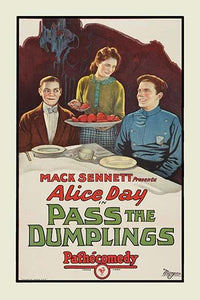 Poster print of a young girl serving dumplings to two young men, one with a police badge.