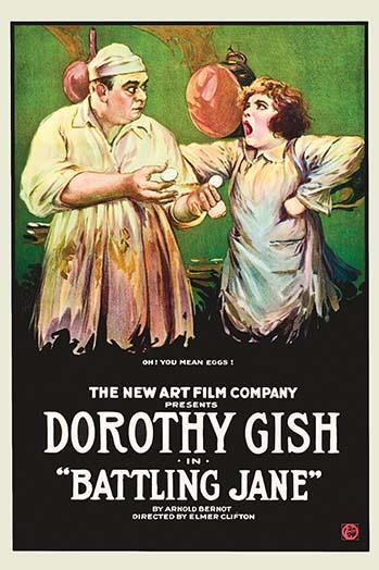 Humorous poster print of a chef holding eggs while a woman screams.