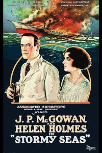 Ship Aflame Poster Print featuring man and woman in cartouche with binoculars.