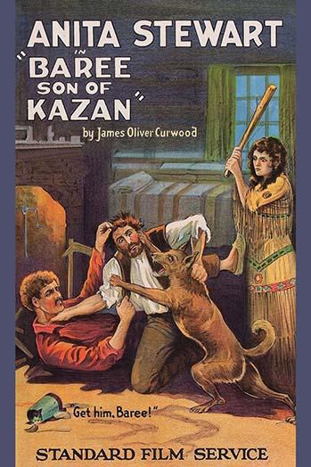 Dog being held back as it attacks a man, featuring a woman in Native American garb holding a club.