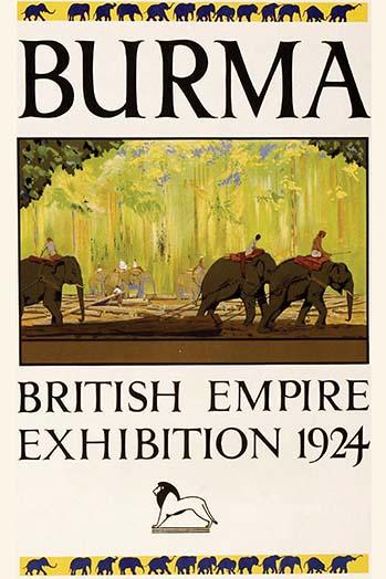 Burmese Elephants Working with Logs Poster Print showcasing elephants in nature.
