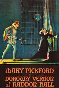 Medieval man in costume with sword drawn approaching a woman behind a curtain poster print.