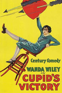 Woman on falling chair holding hearts poster print